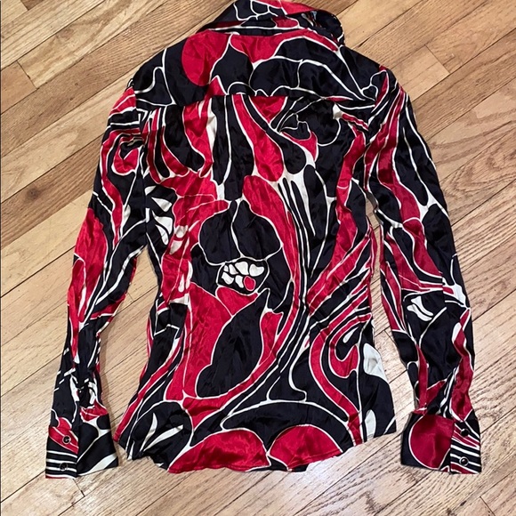 Stretch silk print fitted shirt Blk silver snaps - Picture 5 of 5